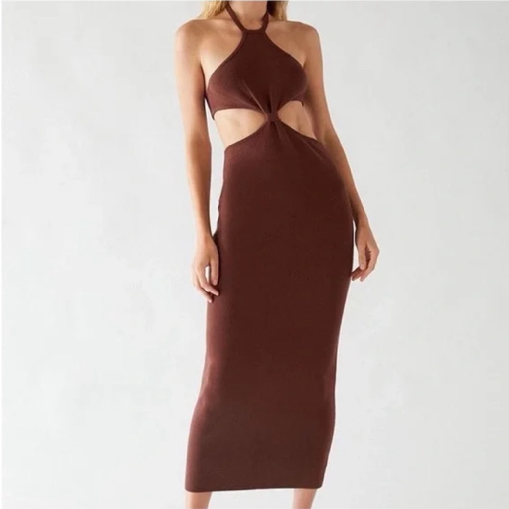 Peppermayo Brown Ribbed Knit Cut Out Halter Midi Dress